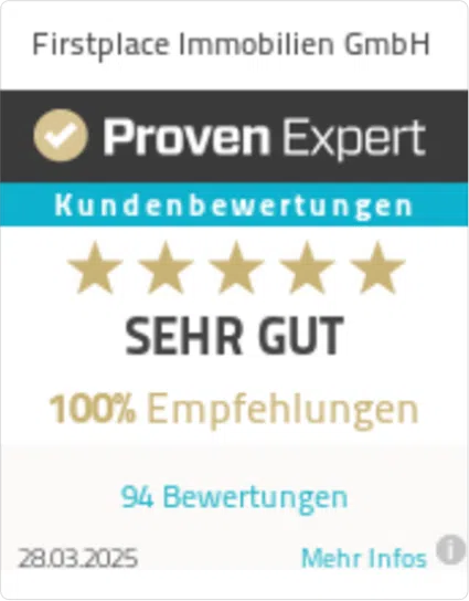 Auszeichnung für Firstplace Immobilien GmbH mit fünf Sternen und sehr guten Kundenbewertungen.